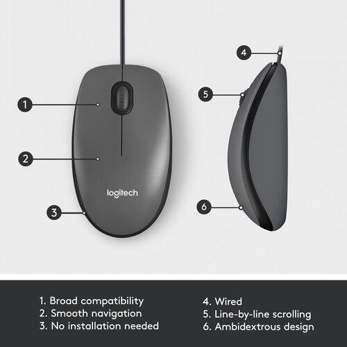 Logitech - Mouse Wired M100 Ambidextrous 3 Button with Scroll 1000dpi PC/Mac/Chrome/Linux - Black