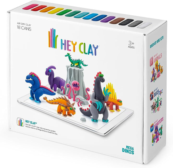 Hey Clay - Clay Set - Mega Dino - Colourful Modeling Air Dry Clay for Kids - Air Dry Clay Kit 15 cans and sculpting tools with Fun Interactive Instructions App