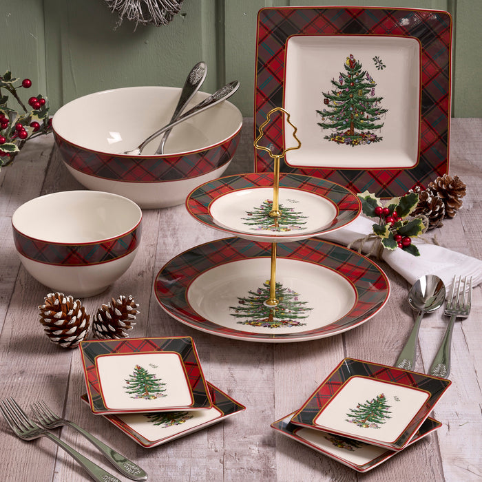 SPODE - Christmas Tree Tartan 2 Tiered Server 10"