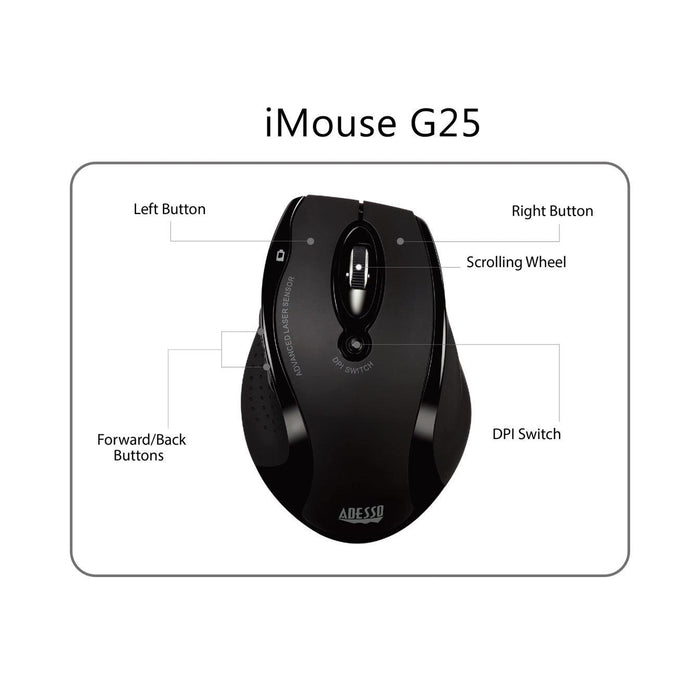 Adesso - Mouse Laser Wireless Ergonomic G25 6 Button up to 1600dpi PC/Mac - Black