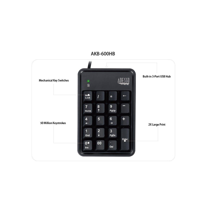 Adesso - Numeric Keypad Wired 19 Keys & 3 Port USB Hub PC/Mac - Black