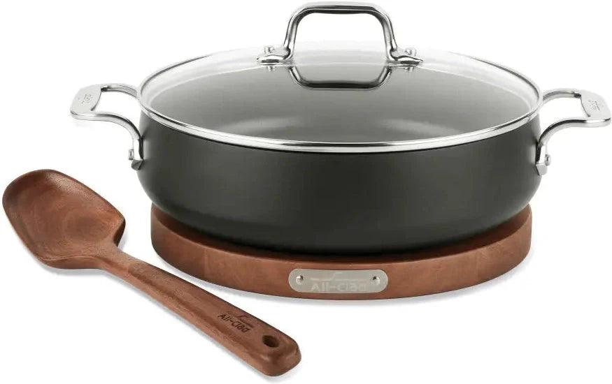 All-Clad - HA1 Hard Anodized Nonstick Sauteuse Pan with Acacia Trivet and Spoon 4 Piece, 4 Quart