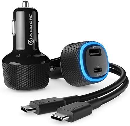 Alogic - Car Charger 2 Port USB-C 45W Power Delivery USB-A 12W Fast Charge For Laptops Tablets & Phones Cable X- Black X