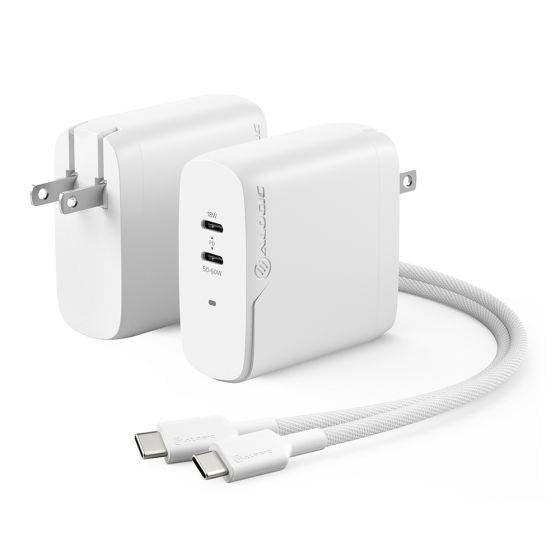 Alogic - Wall Charger 2 Port 68W GaN PD 2x USB-C (50-60W + 18W)& 6ft USB-C to USB-C 100W Cable - White