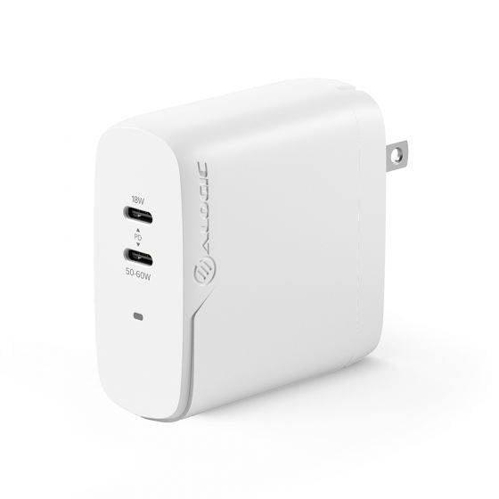 Alogic - Wall Charger 2 Port 68W GaN PD 2x USB-C (50-60W + 18W)& 6ft USB-C to USB-C 100W Cable - White