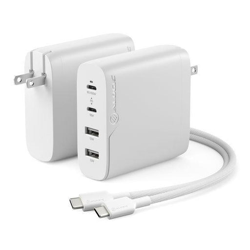 Alogic - Wall Charger 4 Port 100W GaN PD 2x USB-C (65-100W + 18W)+ 2x USB-A (both 12W) with 6ft USB-C to USB-C 100W Cable - White