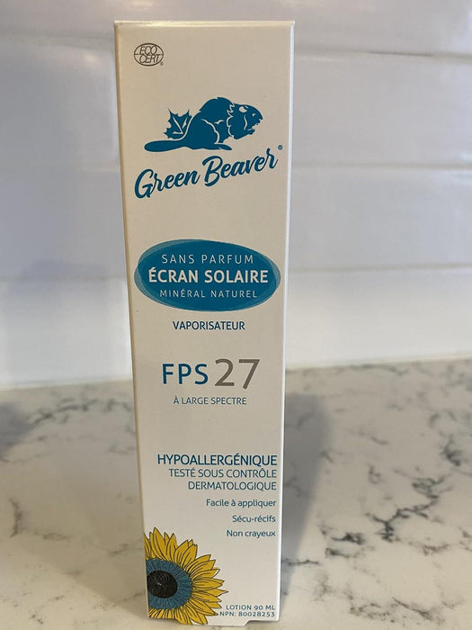 Green Beaver Company - Sunscreen SPF27 Spray- 100% Natural, Reef Safe, Vegan, Mineral SPF 27, made with Organic Ingredients, Broad-Spectrum UVA and UVB Sun Protection, Benzene-Free, Hypoallergenic and Hydrating for the Skin, 90ml