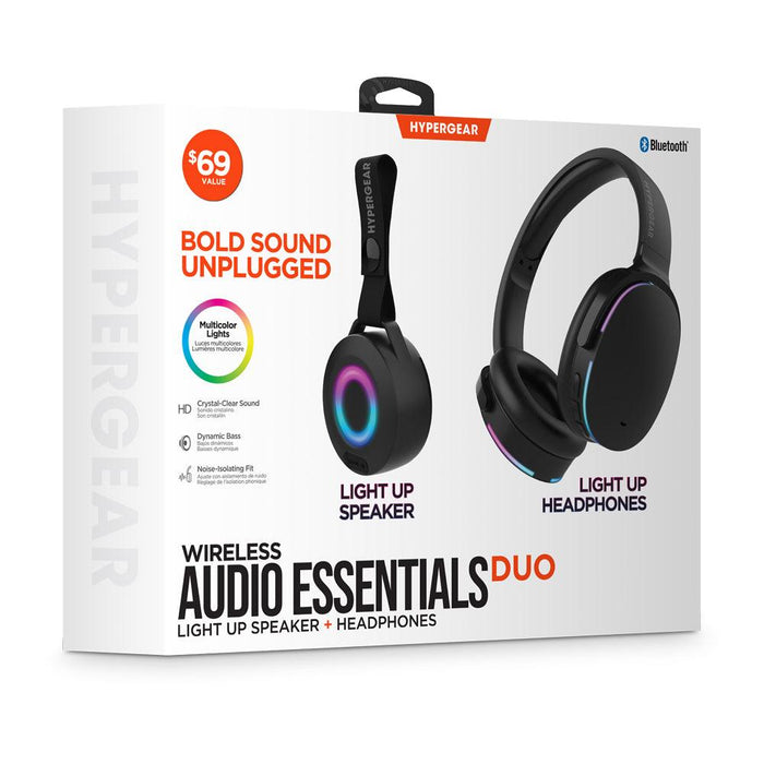 HyperGear - Audio Essentials Duo - Black - 2 Pack Gift Set Bluetooth Headphone & Speaker - HD Sound Vibrant LED Lights Speaker with Carry Strap Foldable & Portable Headphones