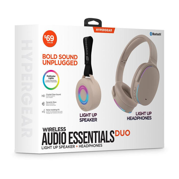 HyperGear - Audio Essentials Duo - Bone - 2 Pack Gift Set Bluetooth Headphone & Speaker - HD Sound Vibrant LED Lights Speaker with Carry Strap Foldable & Portable Headphones