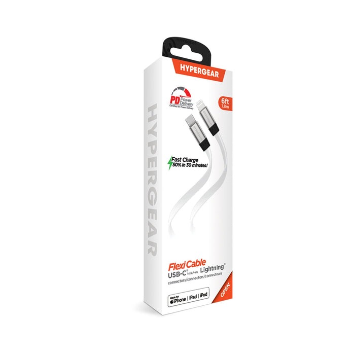 HyperGear - Charge & Sync Lightning MFI to USB-C Flat Cable 6ft up to 60W Power Delivery - White