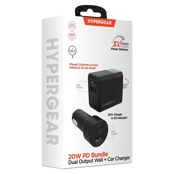 HyperGear - Combo Bundle - Wall Charger 34W 2 Port (20W Power Delivery USB-C & 12W USB-A) & Car Charger 2 Port 20W (20W USB-C & 12W USB-A) - Black