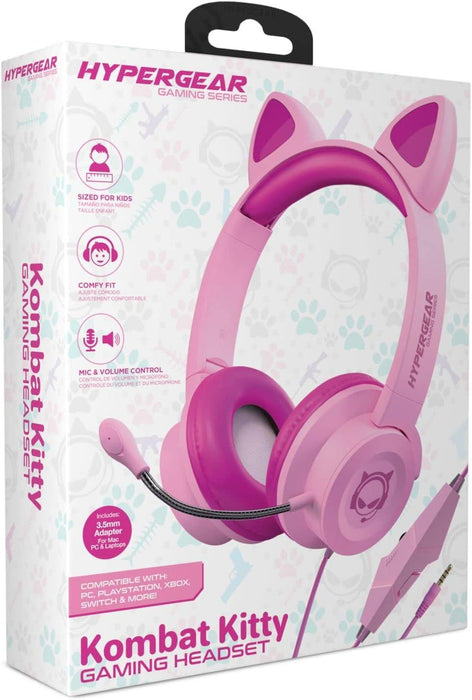 HyperGear - Gaming Headset with Boom Mic Kombat Kitty Safe Volume and Mute Controls with Kitty Ears 3.5mm Portable Tangle Free Cable - Pink
