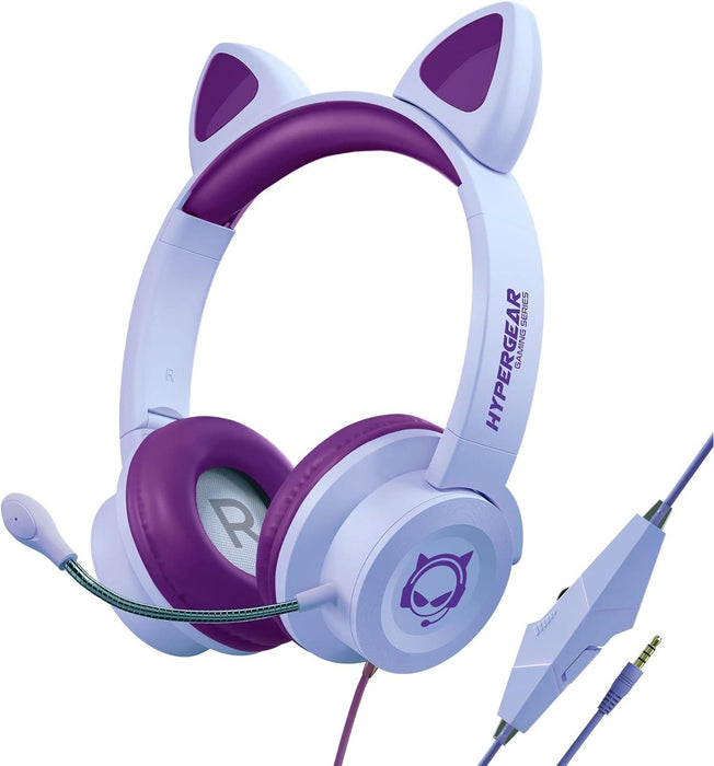 HyperGear - Gaming Headset with Boom Mic Kombat Kitty Safe Volume and Mute Controls with Kitty Ears 3.5mm Portable Tangle Free Cable - Purple