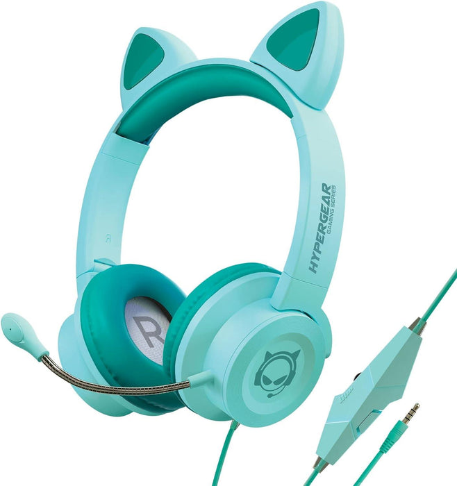 HyperGear - Gaming Headset with Boom Mic Kombat Kitty Safe Volume and Mute Controls with Kitty Ears 3.5mm Portable Tangle Free Cable - Teal