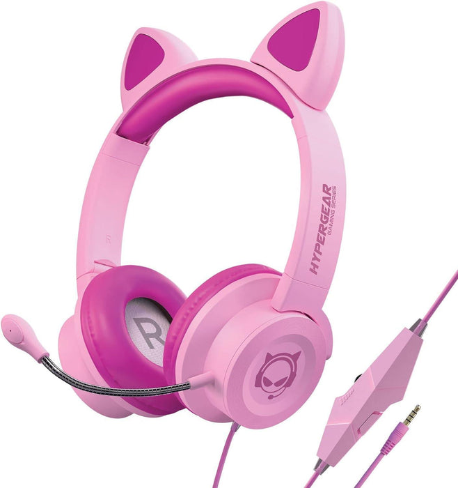 HyperGear - Gaming Headset with Boom Mic Kombat Kitty Safe Volume and Mute Controls with Kitty Ears 3.5mm Portable Tangle Free Cable - Pink