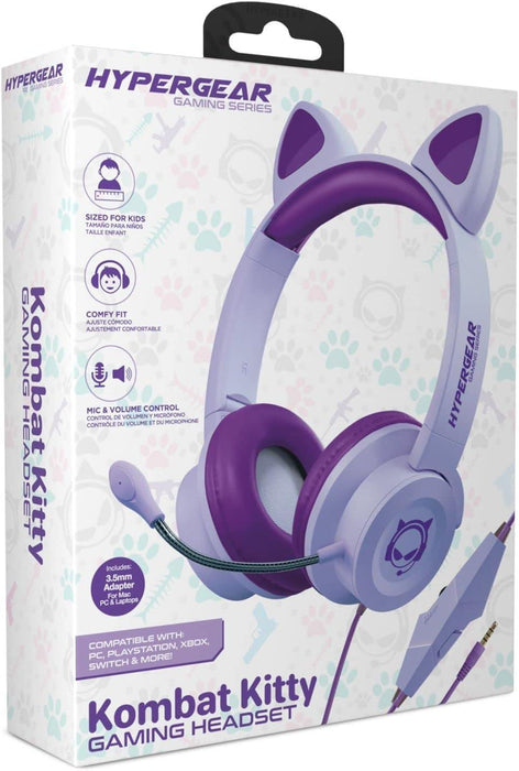 HyperGear - Gaming Headset with Boom Mic Kombat Kitty Safe Volume and Mute Controls with Kitty Ears 3.5mm Portable Tangle Free Cable - Purple