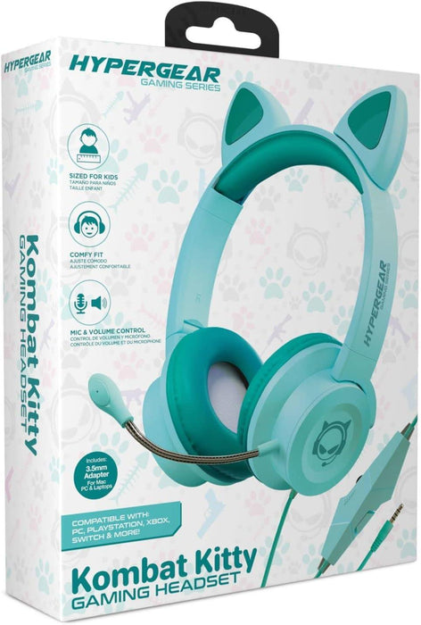 HyperGear - Gaming Headset with Boom Mic Kombat Kitty Safe Volume and Mute Controls with Kitty Ears 3.5mm Portable Tangle Free Cable - Teal