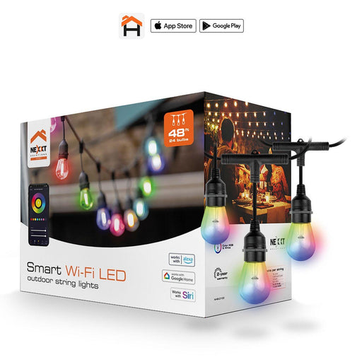 Nexxt - Smart Home Outdoor Wifi LED String Lights 24 Bulbs 48ft Long IP65 White & RGB Dimmable Alexa & Google - Black - Limolin 