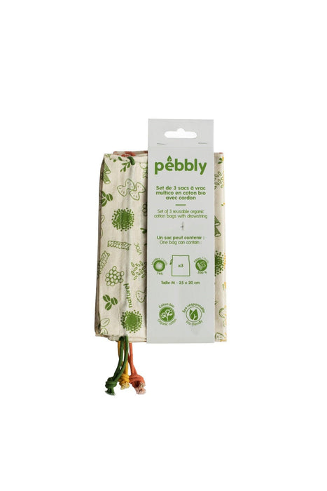 Pebbly - ORGANIC Food Bag Set 3/ST Assorted 20x25cm Cotton