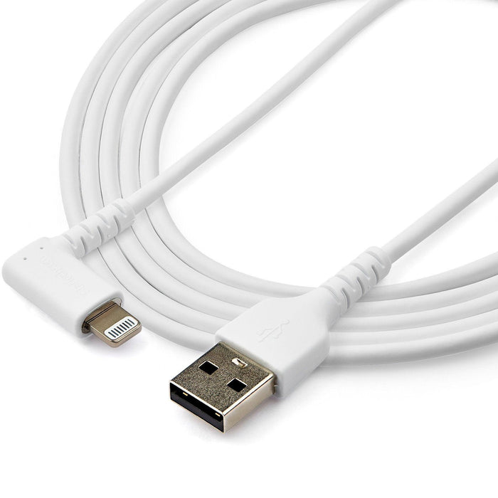 StarTech - Charge & Sync Cable Lightning MFI (Right Angled) to USB-A 6ft Heavy Duty Rugged Aramid Fiber - White - Limolin 