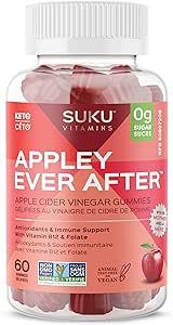 Suku - Appley Ever After 60's Vitamins Apple Cider Vinegar Gummy, Sugar Free, Supports Healthy Digestion, Gut Health, With Energy Boosting Vitamin B12, Keto, Vegan ACV gummies, 1020mg Apple Cider Vinegar per serving (60 count)