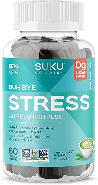 Suku - Bye Stress 60's-Vitamins Stress Gummy Supplement, Buh Bye Stress Sugar Free Gummies, with Lemon Balm, L-Theanine, GABA, Keto, Plant-Based, Nut-Free, Helps with Anxiety and Stress Relief, Calm Mood & Stress Support, 60 Gummies (30 Day Supply)