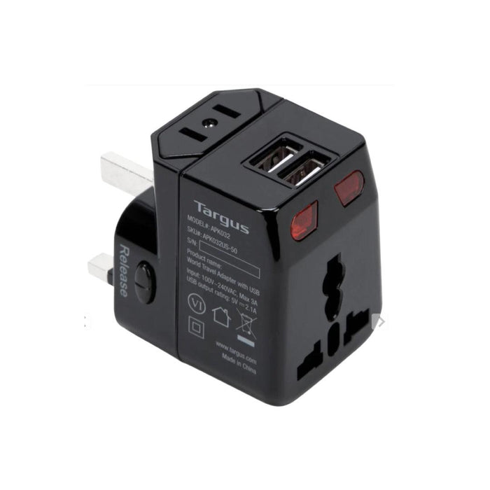 Targus - World Travel Adapter AC Power with 2 Port USB-A 100 - 250 VAC with 4 International Charging Plugs - Black