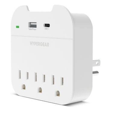 HyperGear - Wall Charger Outlet Extender Charge 5 Devices at Once - 3AC 1x USB-C (3Amp) 1x USB-A (2.4Amp) Built in Phone Holder - White