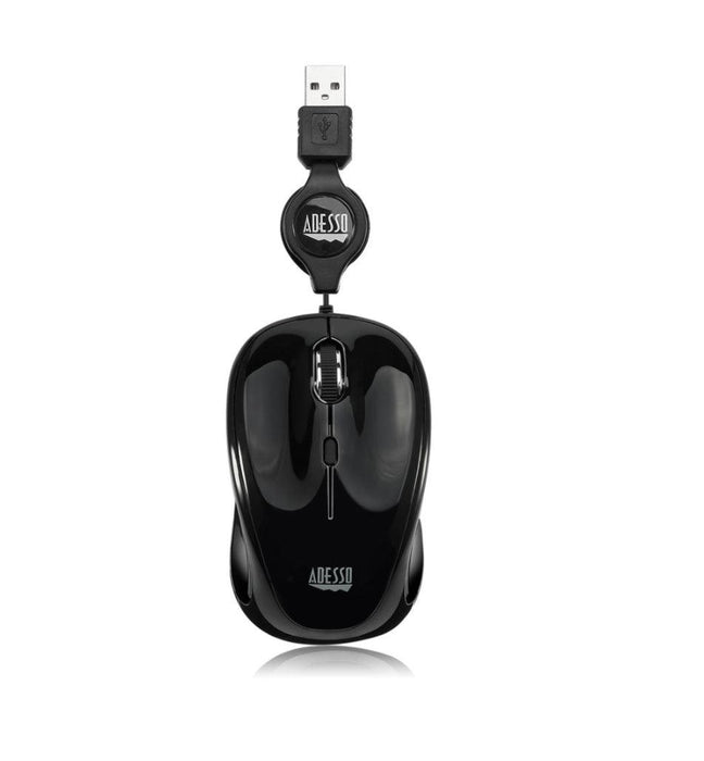 Adesso - Mouse Wired Retractable Cord 2.5ft S8B 3 Button up to 1200dpi PC/Mac - Black - Default Title - Limolin 